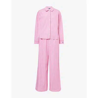 Polo Ralph Lauren Womens College Pink Stripe Stripe Whip-stitch Cotton Pyjama Set In Pink