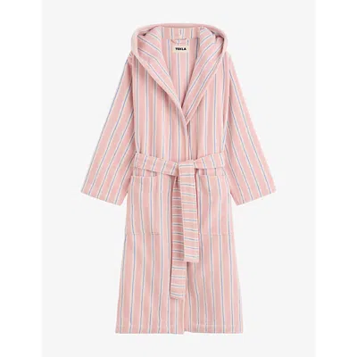 Tekla Womens Candy Stripes Striped Hooded Cotton Robe In Animal Print