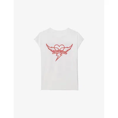 Zadig & Voltaire Cloe Heart Wings Strass Crystal Embellished Cotton Graphic T-shirt In White