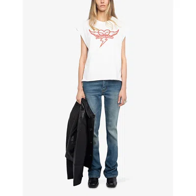 Zadig & Voltaire Cloe Heart Wings Strass Crystal Embellished Cotton Graphic T-shirt In White