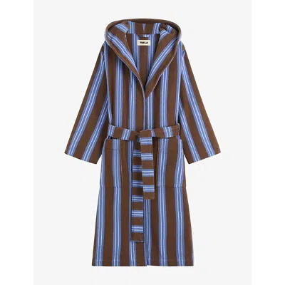 Tekla Womens Chesnut Stripes Striped Hooded Cotton Robe In Blue