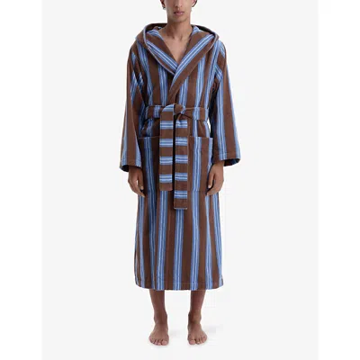 Tekla Womens Chesnut Stripes Striped Hooded Cotton Robe In Blue