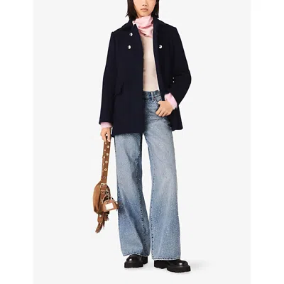 Maje Womens Navy Collared Double-breasted Wool-blend Coat In Blue