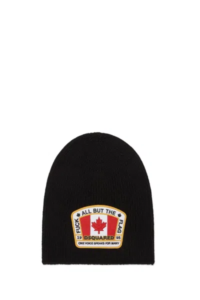 Dsquared2 Knit Beanie With Rectangular Logo Patch In Black
