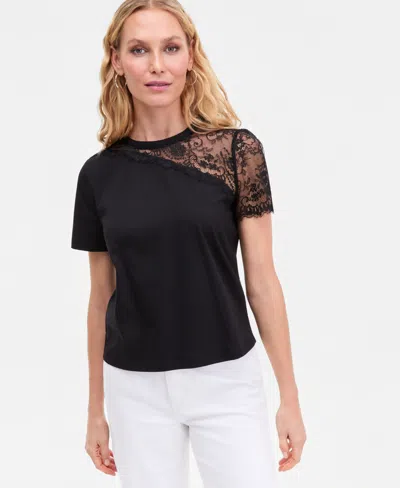 Inc International Concepts Women's Lace-shoulder T-shirt, Macy's Exclusive In Black