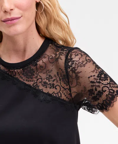 Inc International Concepts Women's Lace-shoulder T-shirt, Macy's Exclusive In Black