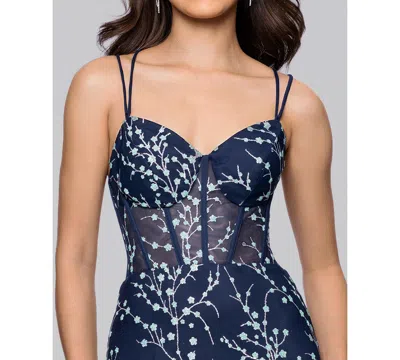 Blondie Nites Juniors' Caviar Glitter Fit And Flare Ball Gown In Blue