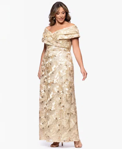 Betsy & Adam Plus Size Off-the-shoulder Long Gown In Gold