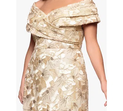 Betsy & Adam Plus Size Off-the-shoulder Long Gown In Gold