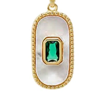 By Adina Eden Green Cubic Zirconia Mother Of Pearl Elongated Dog Tag Necklace In Gold
