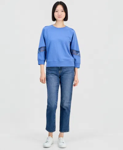 Nautica Jeans Women's Pleated Lace-trim 3/4-sleeve Sweatshirt In Blue