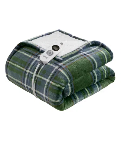 Woolrich Print Plush To Sherpa Heated Throw, 50" X 60" In Green