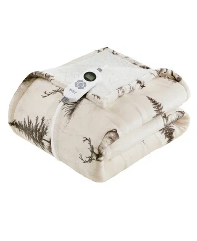 Woolrich Print Plush To Sherpa Heated Throw, 50" X 60" In White