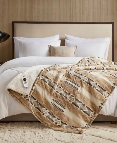 Woolrich Print Plush To Sherpa Heated Throw, 50" X 60" In Nude