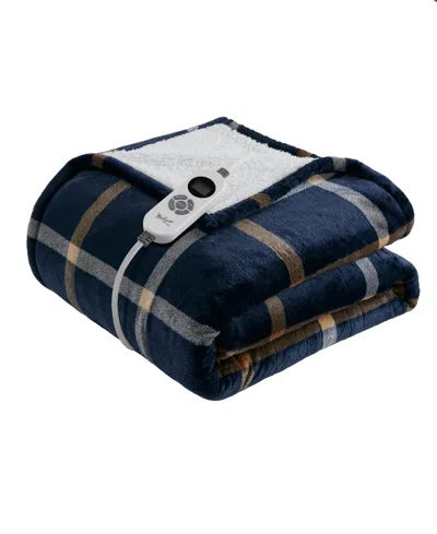 Woolrich Print Plush To Sherpa Heated Throw, 50" X 60" In Blue