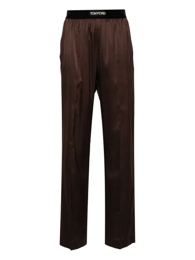 Tom Ford Brown Pants With Elastic Waist And Logo Lettering In Stretch Silk For Women In Multi