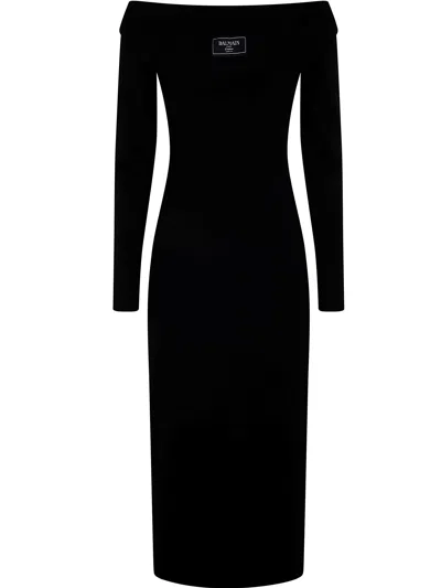 Balmain Ls Double Collar Knit Zipped Midi Dress In Black