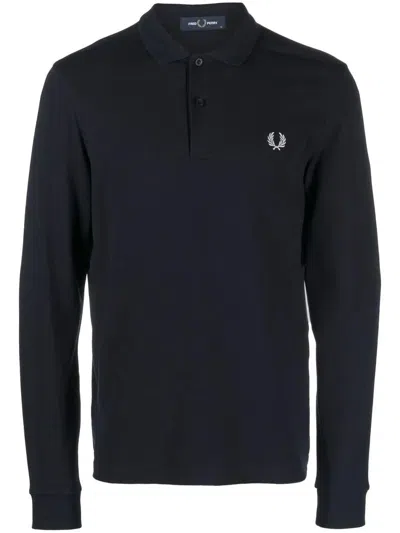 Fred Perry Embroidered Long-sleeve Polo Shirt In Blue