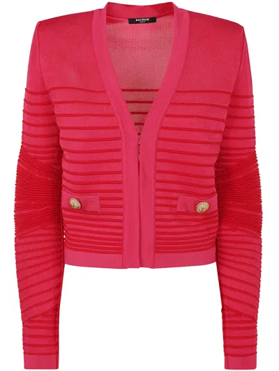 Balmain Lon Sleeves Side To Side Flechage Knit Cardigan In Pink
