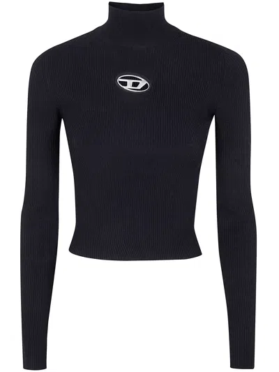 Diesel M-valari Ribbed Knit Long-sleeved Top In Black
