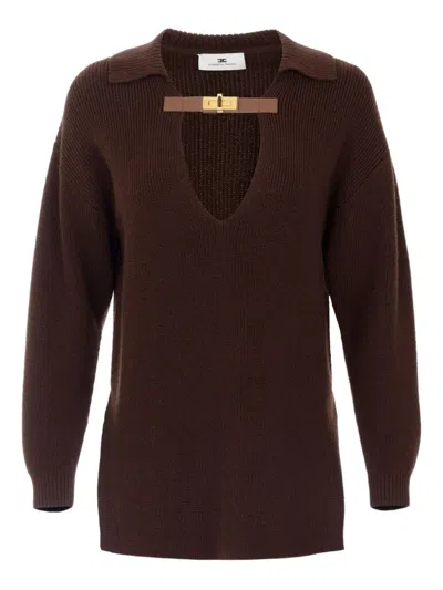 Elisabetta Franchi Sweater In Mixed Wool With A Jewel Strap In Brown