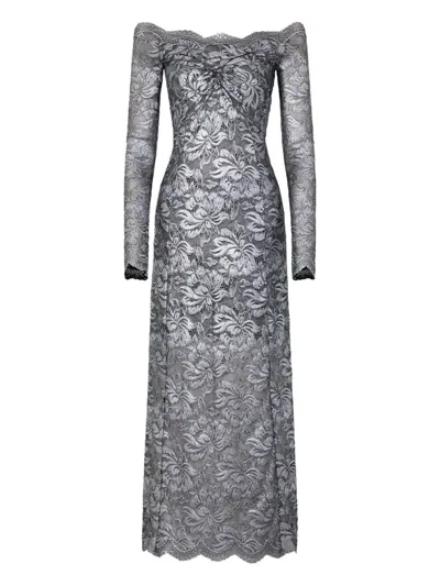 Rabanne Floral Lace Off-the-shoulder Long-sleeve Midi Dress In Silver