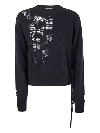 Ann Demeulemeester Gabriela Destroyed Seed Stitch Crew Neck Sweater Wi In Black