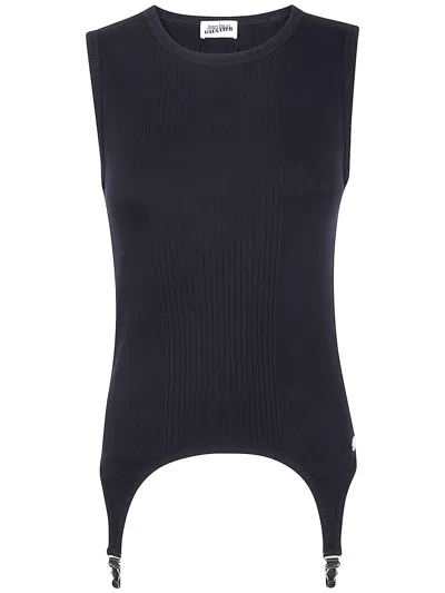 Jean Paul Gaultier Cotton Ribbed Tank Top With Lingerie Garter In Black