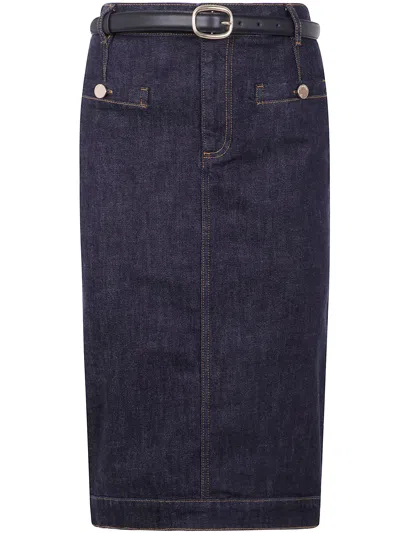 Self-portrait Pencil Midi Skirt With Leather Belt In Blue
