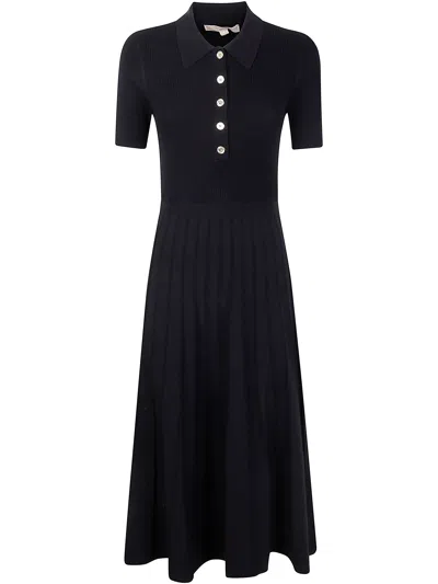 Michael Michael Kors Ribbed Polo Pleated Midi Dress In Black