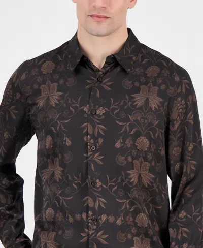 Guess Men's Charm Heritage Scroll Long-sleeve Button-front Shirt In Brown