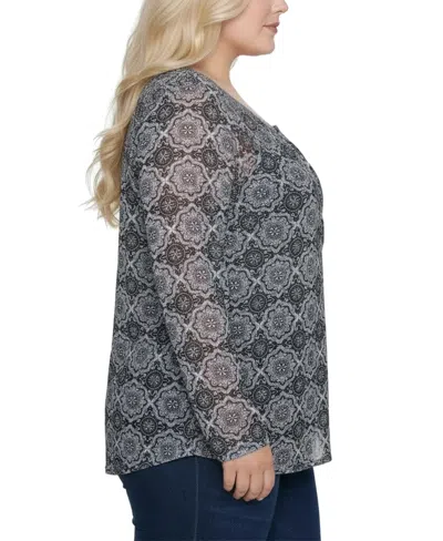 Ny Collection Plus Size Long Raglan Sleeve Mesh Top In Multi
