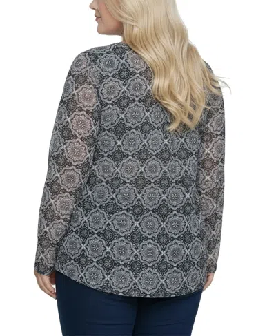Ny Collection Plus Size Long Raglan Sleeve Mesh Top In Multi