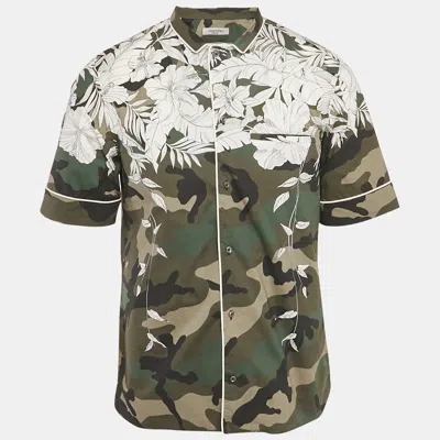 Pre-owned Valentino Multicolour Camo Floral Camp Cotton Short Sleeve Shirt M In Green