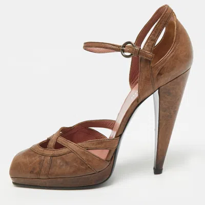Pre-owned Miu Miu Size 39 Brown Leather Ankle Strap Pumps