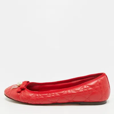Pre-owned Dior Bow Size 39.5 Red Cannage Quilted Leather Ballet Flats