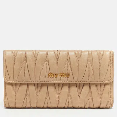 Pre-owned Miu Miu Beige Matelassé Leather Long Continental Wallet In Sand