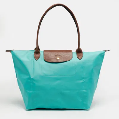 Pre-owned Longchamp Le Pliage Medium Green/brown Nylon And Leather Tote