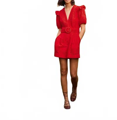 Farm Rio Eyelet Puffed Sleeves Romper In Red In Red