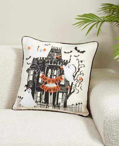 Saro Lifestyle Spooky Night Haunted House Down Filled Decorative Pillow, 18" X 18" In White