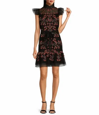 Alex Marie Liesl Floral Embroidered Mesh Mock Neck Dress In Black/red In Multi