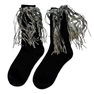 High Heel Jungle By Kathryn Eisman Women's Bowie Cotton Socks With Glitter Fringe Black In Black