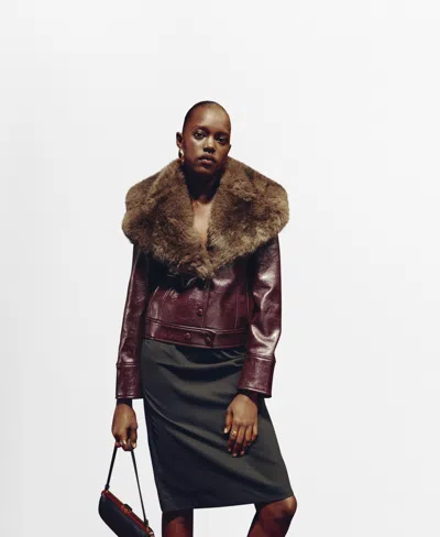 Mango Leather-effect Jacket With Fur-effect Collar Maroon In Multi