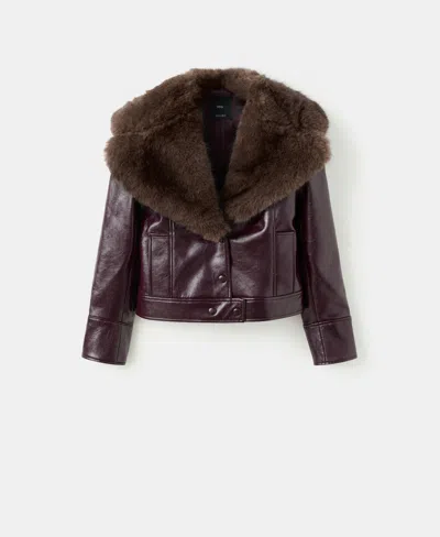 Mango Leather-effect Jacket With Fur-effect Collar Maroon In Multi
