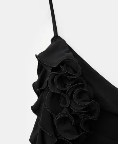 Mango Ruched Asymmetrical One-shoulder Top With Ruffle Trim In Black