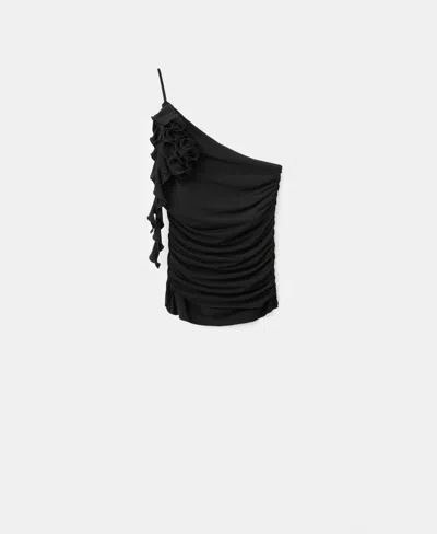 Mango Ruched Asymmetrical One-shoulder Top With Ruffle Trim In Black