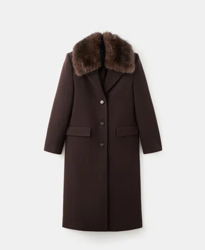 Mango Lips Wool Blend Coat With Faux Fur Collar In Brown