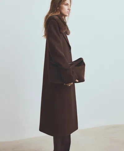 Mango Lips Wool Blend Coat With Faux Fur Collar In Brown
