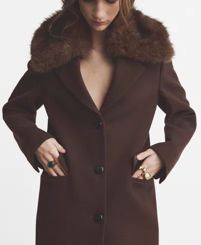 Mango Lips Wool Blend Coat With Faux Fur Collar In Brown