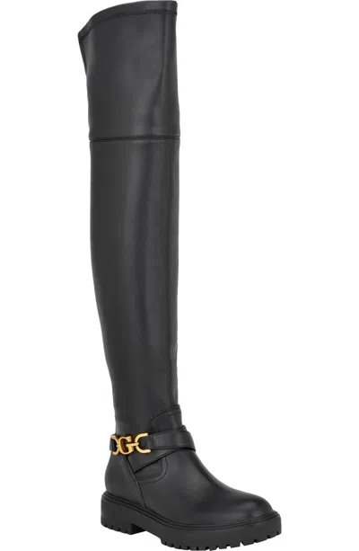 Guess Jellio Boots Women's Black Faux Leather Over The Knee Lug Sole Lion295 In Gray